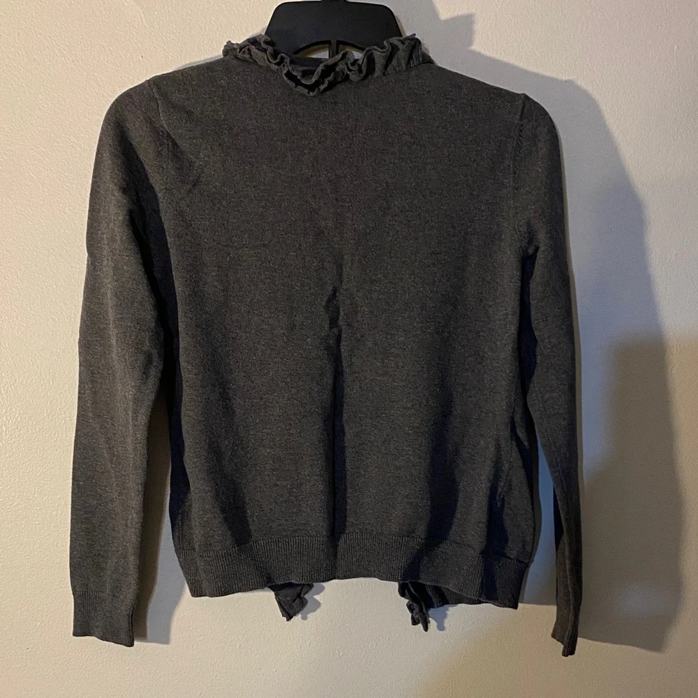 LOFT Charcoal Ruffle-Trim Open Cardigan - Picture 2 of 5